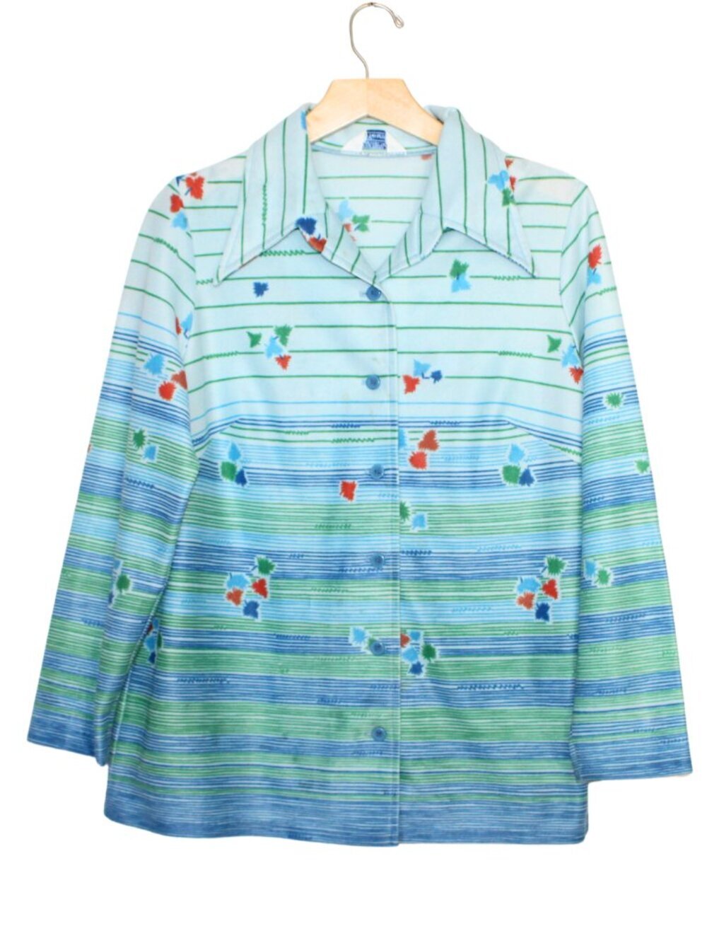 Vtg 70s Sears women's button shirt blue floral striped pointed collar blue